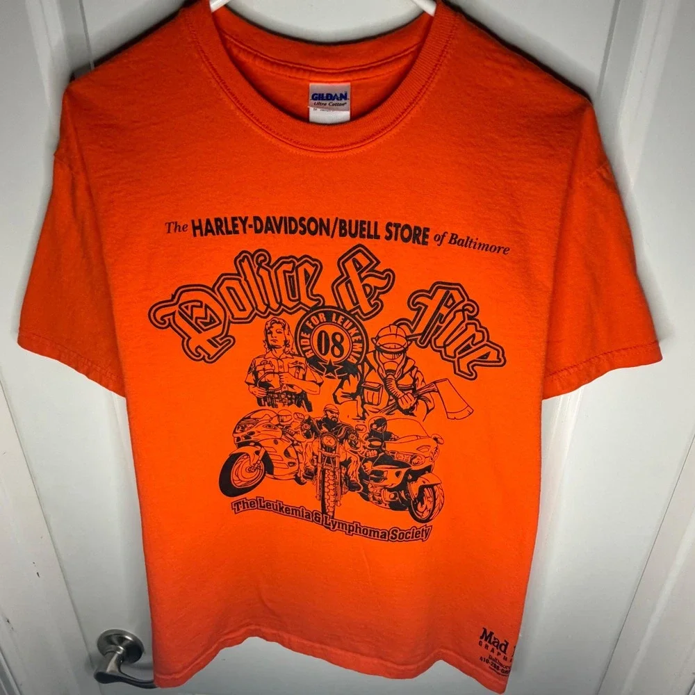 Vintage Y2K Harley Davidson Police And Firefighter Orange T-Shirt Mens Medium - Picture 2 of 8